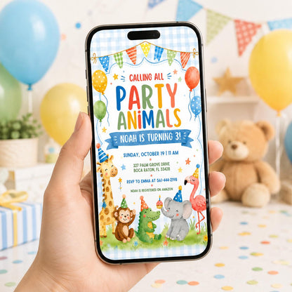 Watercolor Party Animals 3rd Birthday Invitation — invitation you personalize in Canva