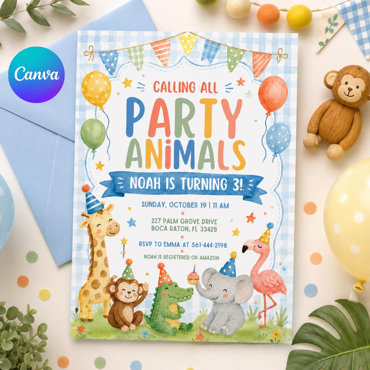 Watercolor Party Animals 3rd Birthday Invitation — editable Canva template