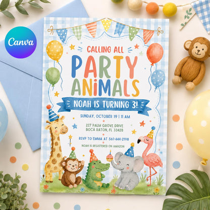 Watercolor Party Animals 3rd Birthday Invitation — editable Canva template