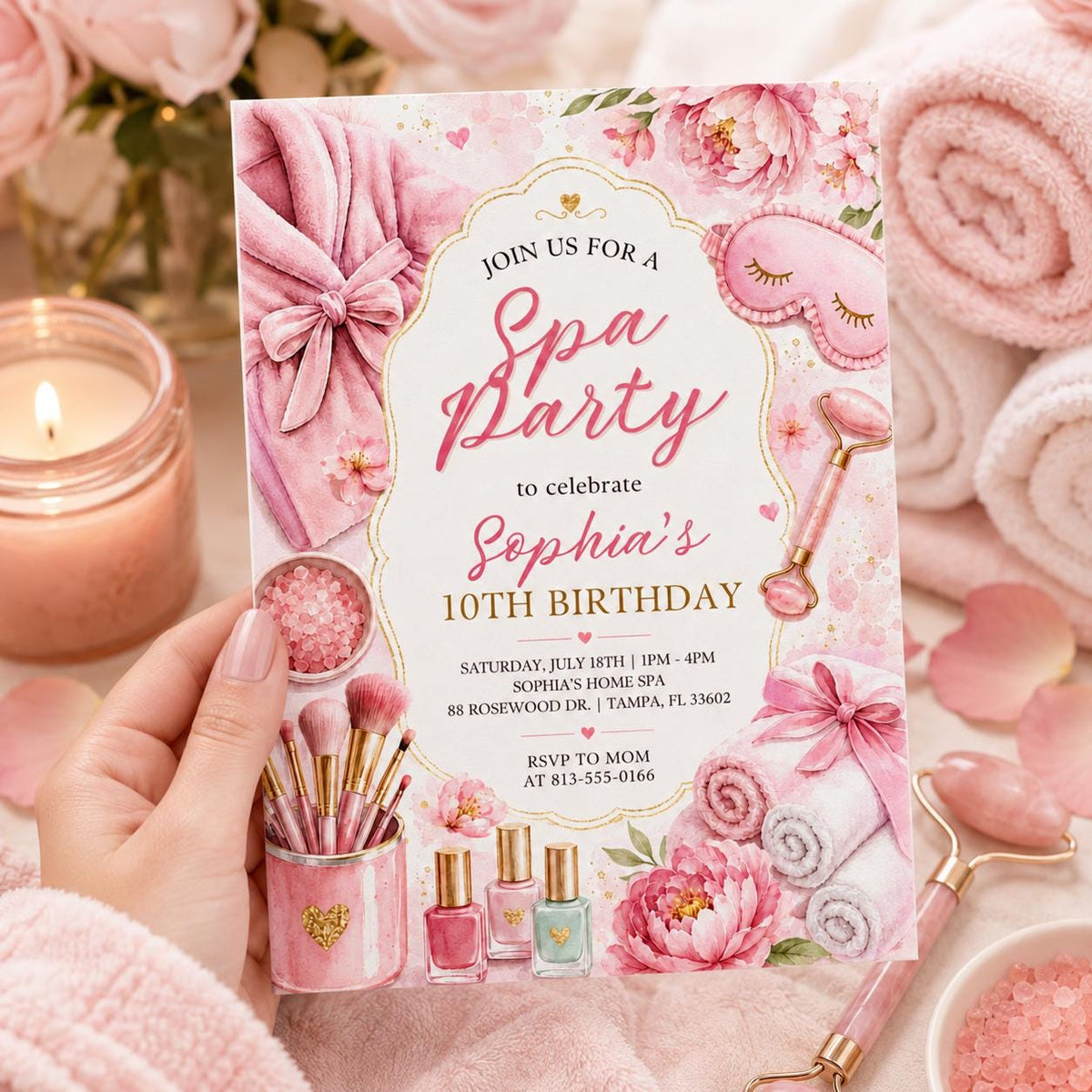 Floral Spa Party 10th Birthday Invitation with Pink Bow — invitation you personalize in Canva
