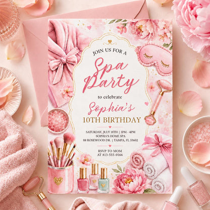 Floral Spa Party 10th Birthday Invitation with Pink Bow — digital invitation, instant download