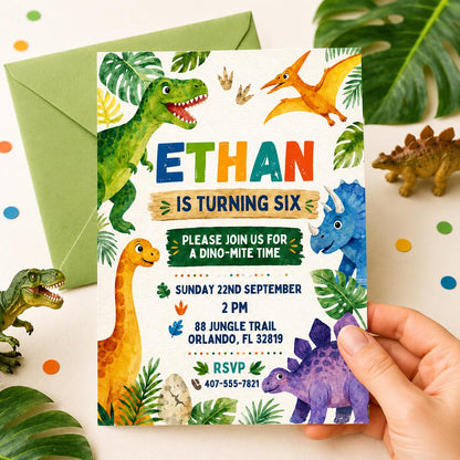 Modern Watercolor Dinosaur 6th Birthday Invitation — leaf design