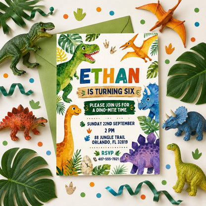 Modern Watercolor Dinosaur 6th Birthday Invitation — print-ready 6th birthday party design from VoltBy