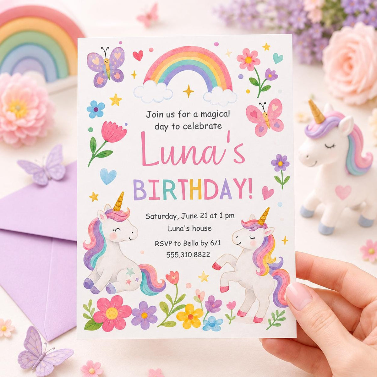 Hand-Drawn Unicorn Birthday Invitation with Rainbow and Butterflies — butterfly design