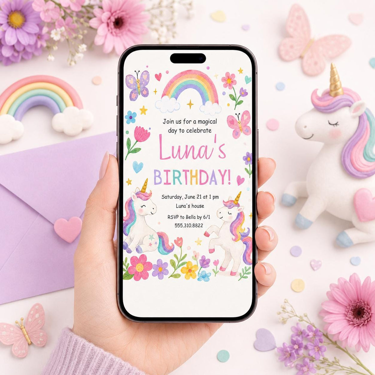Hand-Drawn Unicorn Birthday Invitation with Rainbow and Butterflies — invitation you personalize in Canva