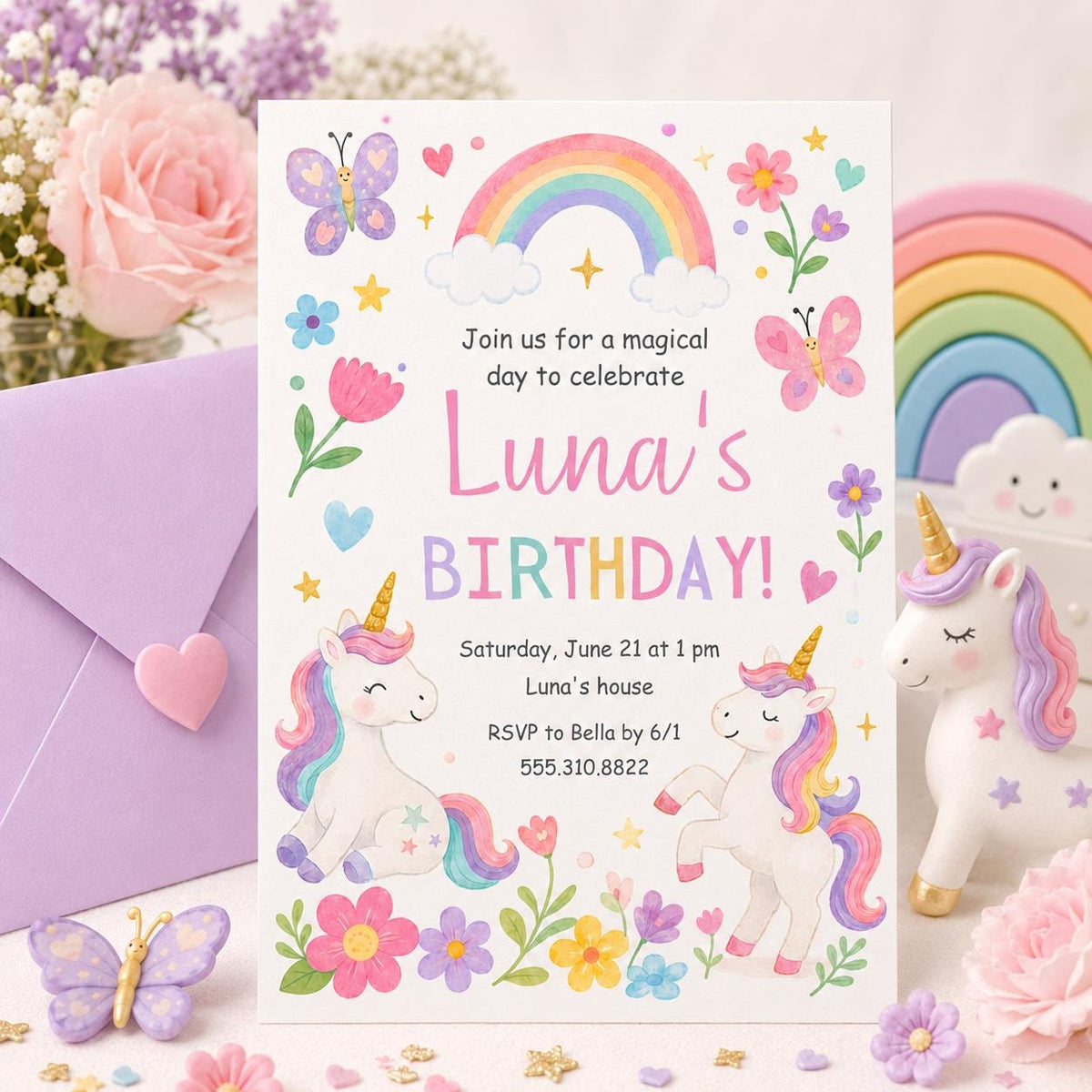 Hand-Drawn Unicorn Birthday Invitation with Rainbow and Butterflies — butterfly artwork in blue pink