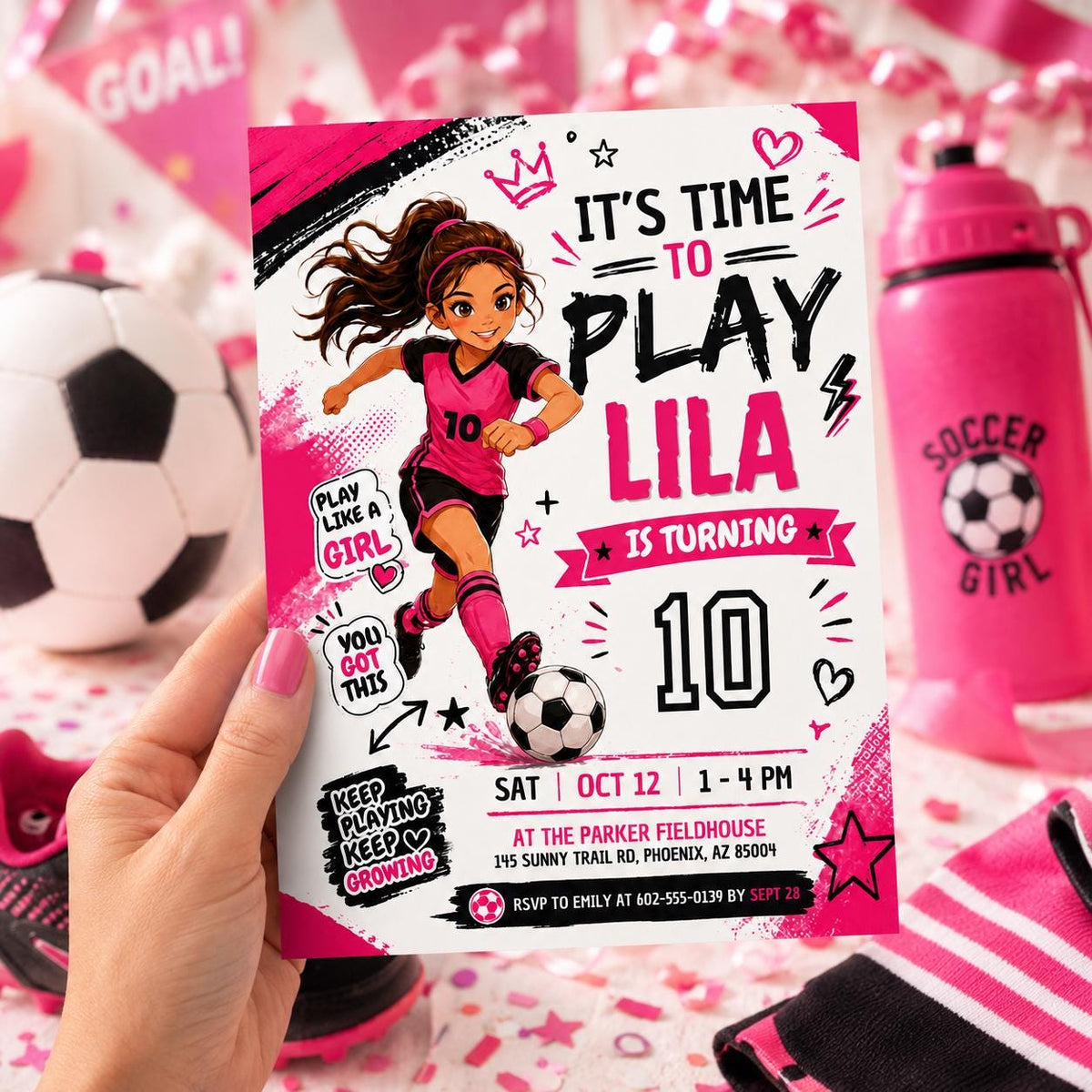 Girls Soccer 10th Birthday Invitation with Pink Kit — print-ready 10th birthday party design from VoltBy