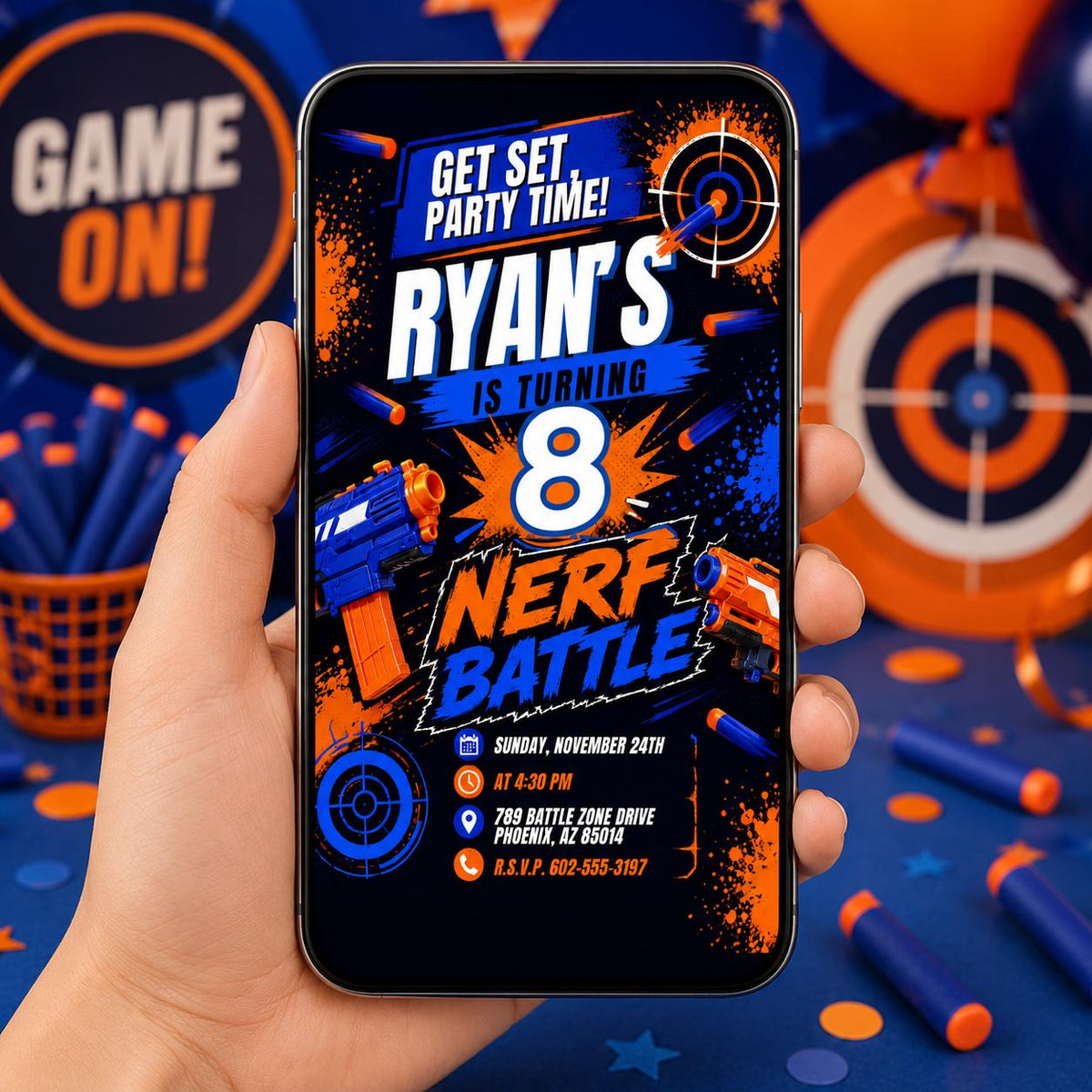 Blue and Orange Foam Dart Battle 8th Birthday Invitation — invitation you personalize in Canva