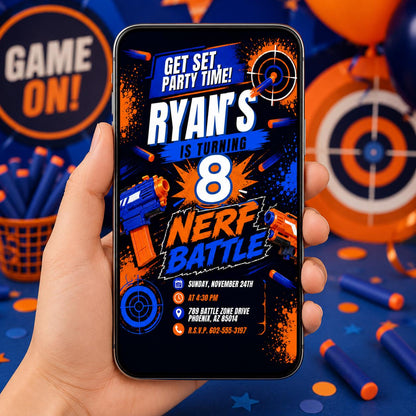 Blue and Orange Foam Dart Battle 8th Birthday Invitation — invitation you personalize in Canva