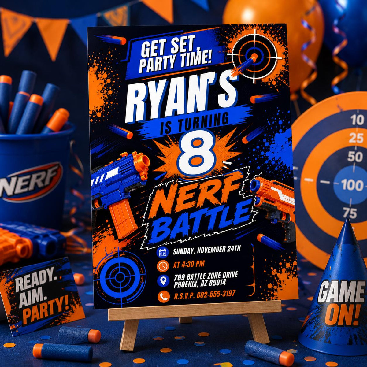 Blue and Orange Foam Dart Battle 8th Birthday Invitation — 8th birthday party stationery by VoltBy