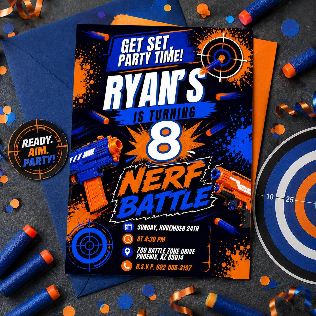 Blue and Orange Foam Dart Battle 8th Birthday Invitation — digital invitation, instant download