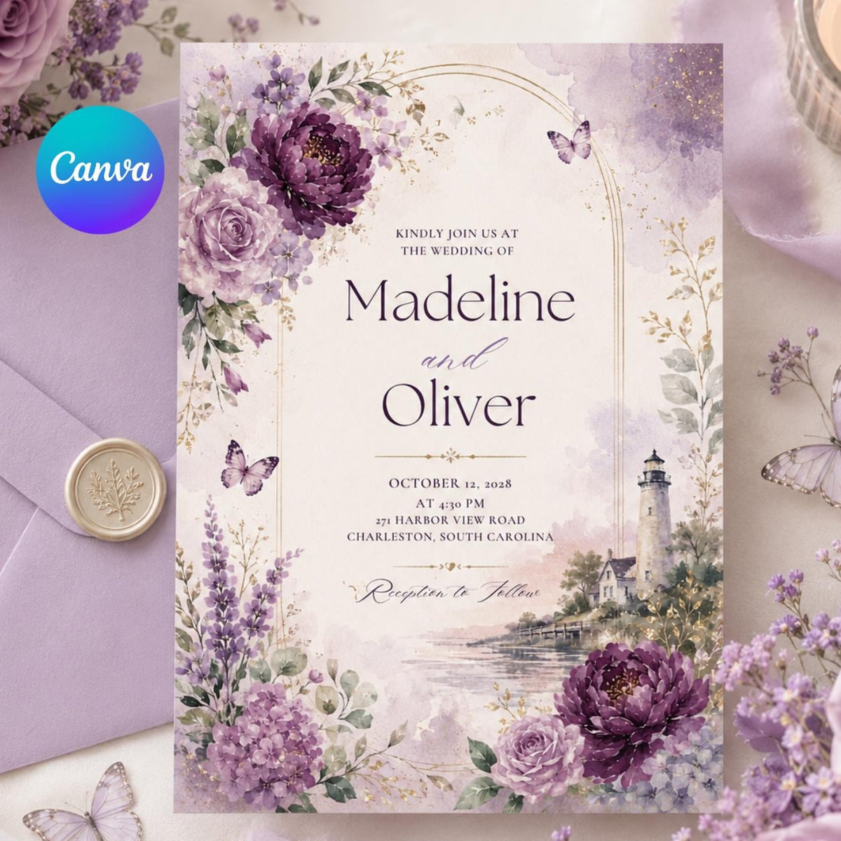 Purple Coastal Lighthouse Wedding Invitation — editable Canva template