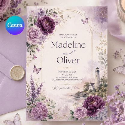 Purple Coastal Lighthouse Wedding Invitation — editable Canva template