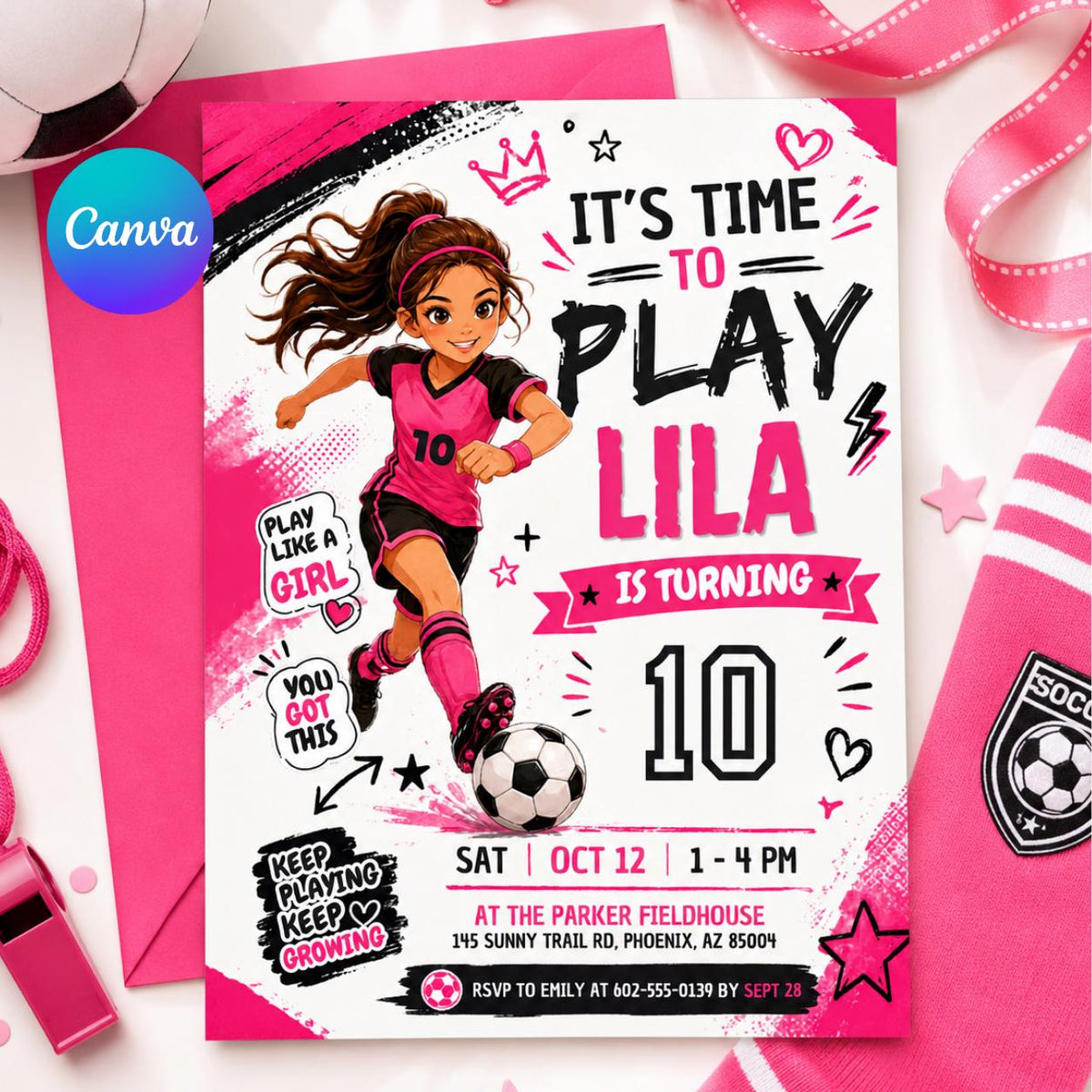 Girls Soccer 10th Birthday Invitation with Pink Kit — editable Canva template