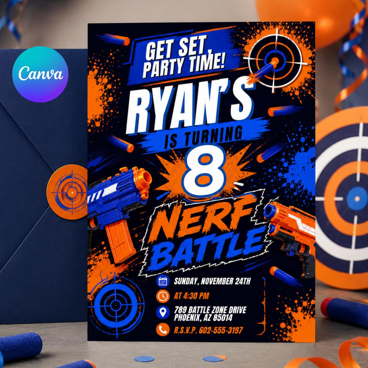 Blue and Orange Foam Dart Battle 8th Birthday Invitation — editable Canva template