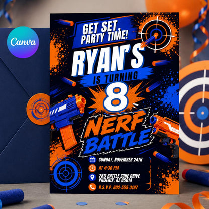 Blue and Orange Foam Dart Battle 8th Birthday Invitation — editable Canva template