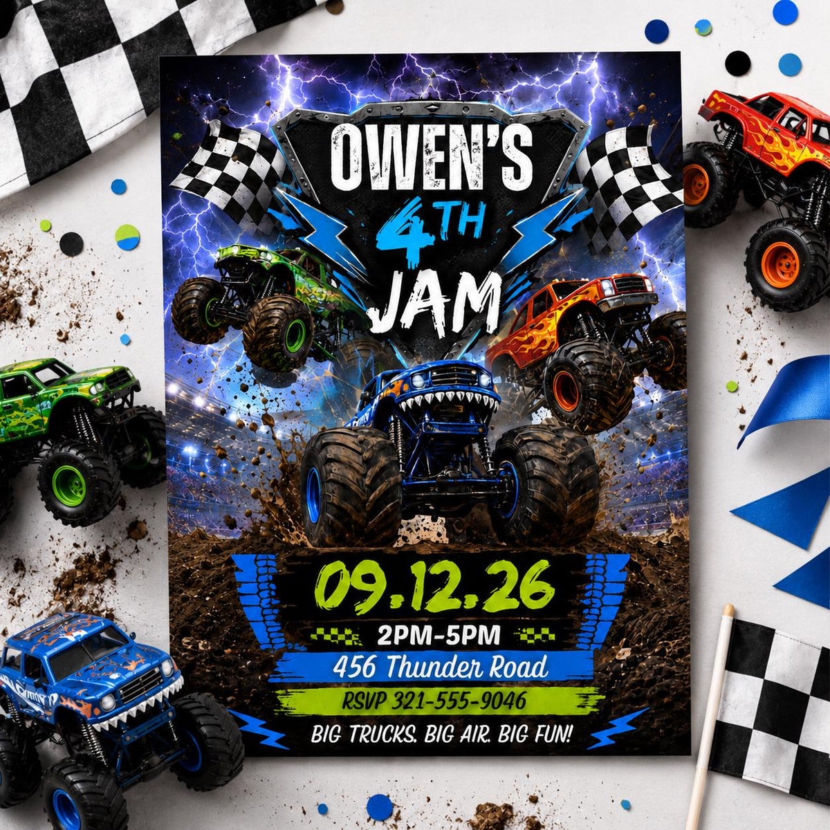 Monster Truck 4th Birthday Jam Invitation with Lightning — music design