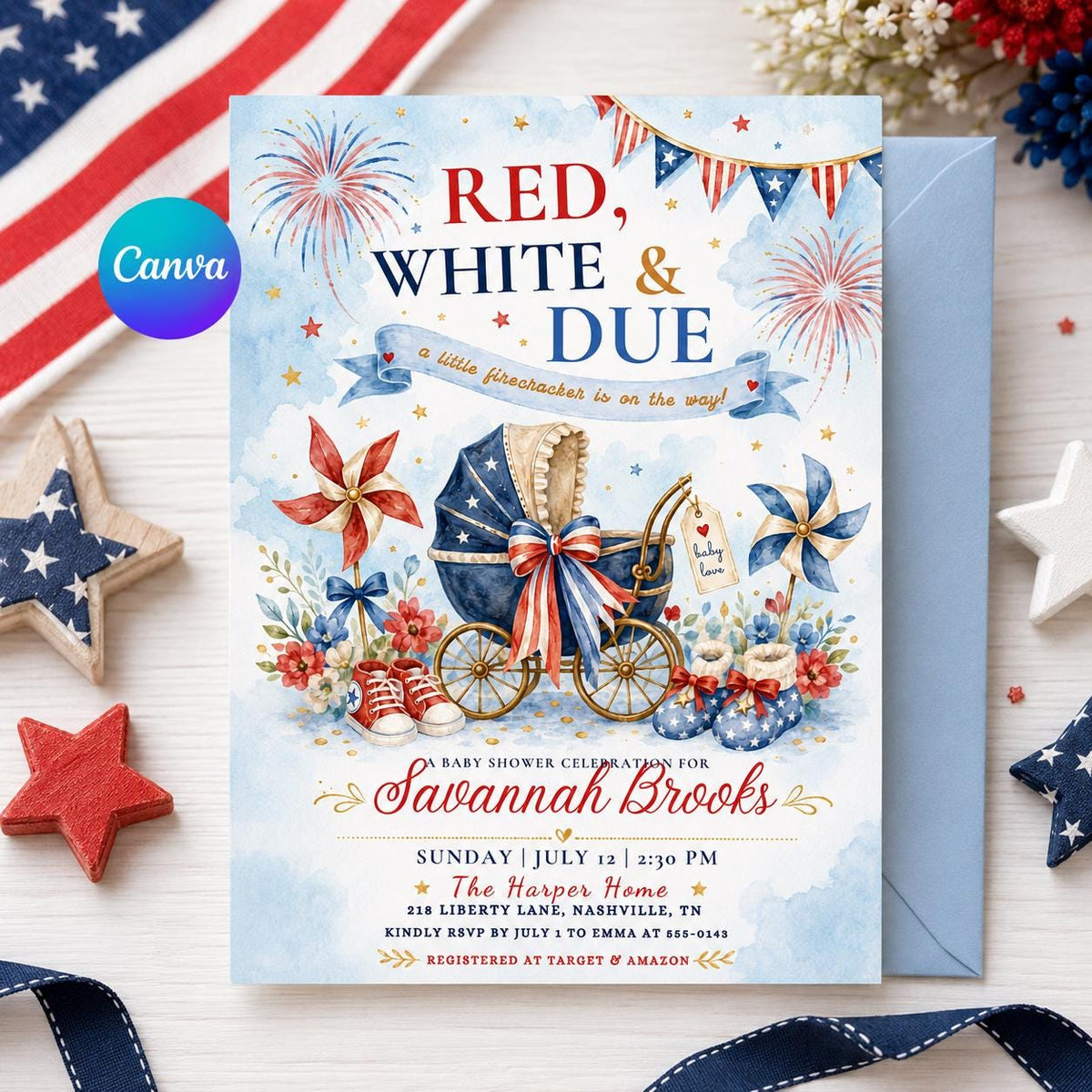 Red White and Due Baby Shower Invitation with Pram — editable Canva template