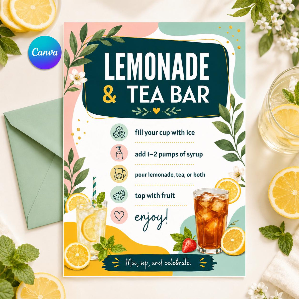 Lemonade and Tea Bar Recipe Sign — editable Canva template