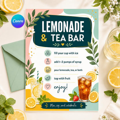 Lemonade and Tea Bar Recipe Sign — editable Canva template