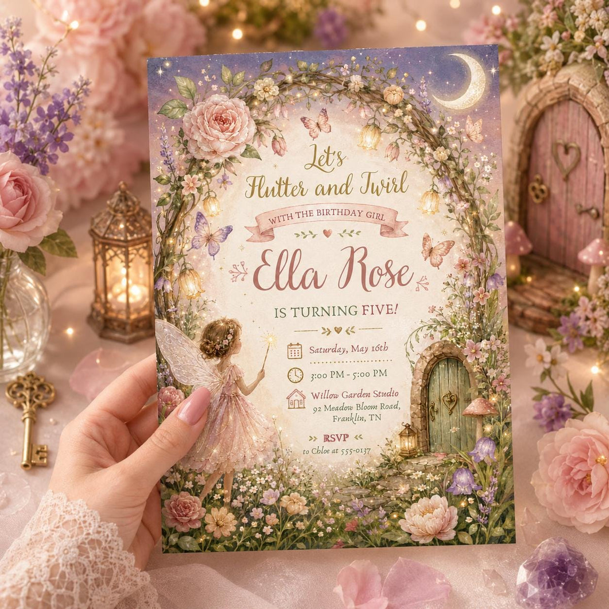 Enchanted Fairy Garden 5th Birthday Invitation with Floral Arch — invitation you personalize in Canva