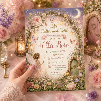 Enchanted Fairy Garden 5th Birthday Invitation with Floral Arch — invitation you personalize in Canva