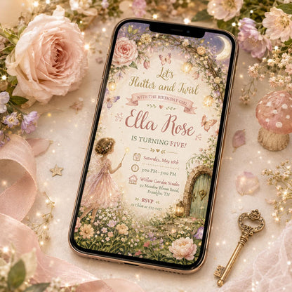 Enchanted Fairy Garden 5th Birthday Invitation with Floral Arch — print-ready 5th birthday party design from VoltBy