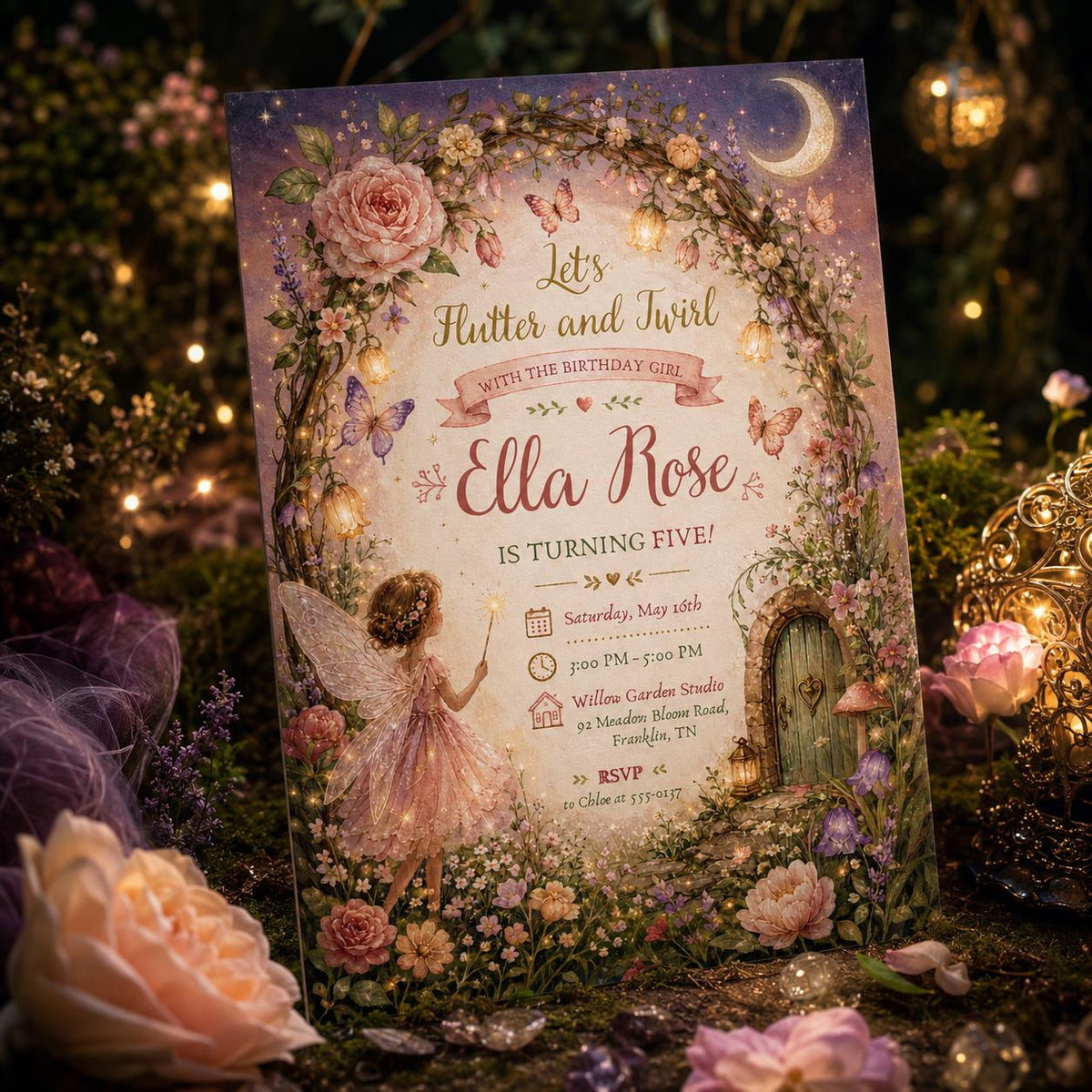 Enchanted Fairy Garden 5th Birthday Invitation with Floral Arch — digital invitation, instant download