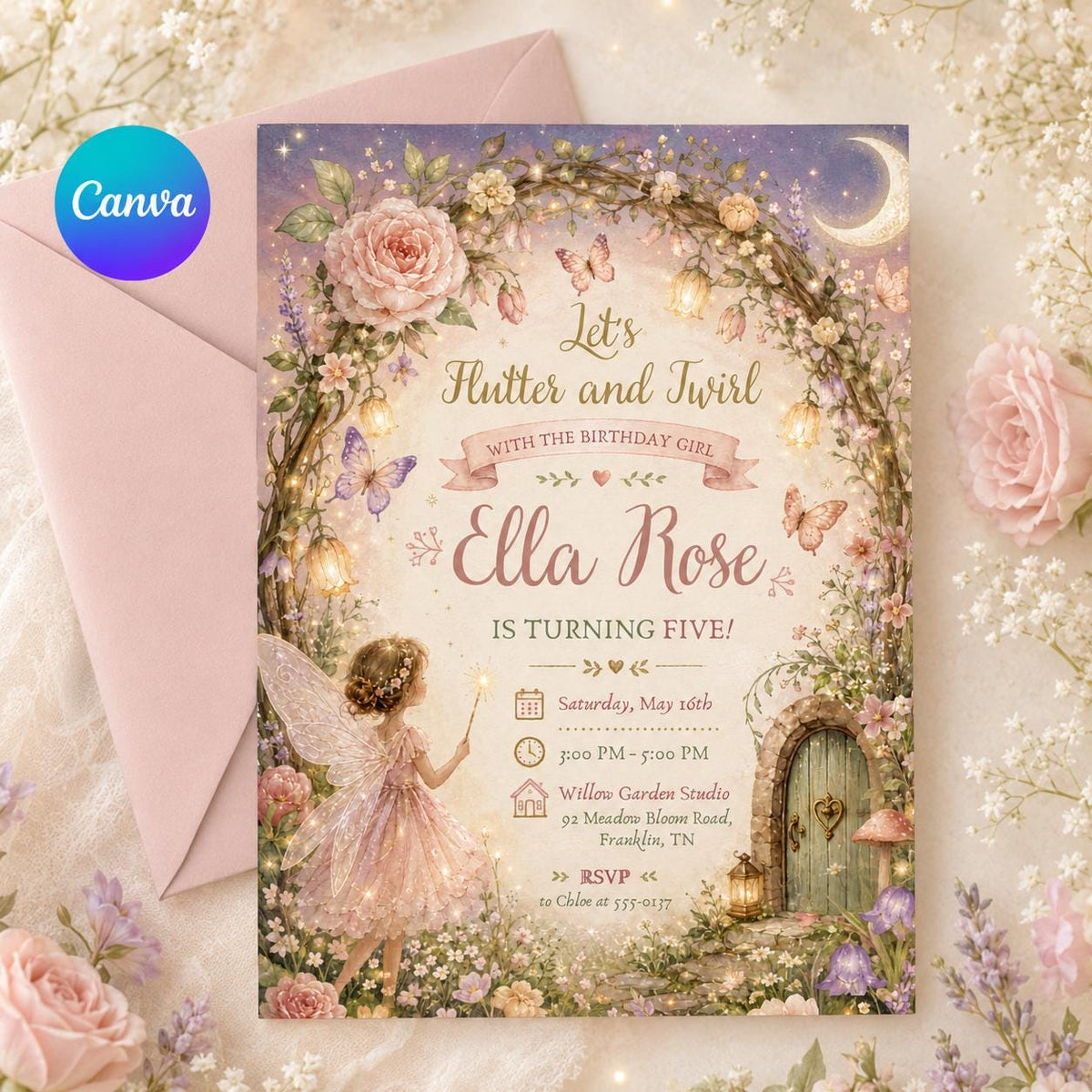 Enchanted Fairy Garden 5th Birthday Invitation with Floral Arch — editable Canva template