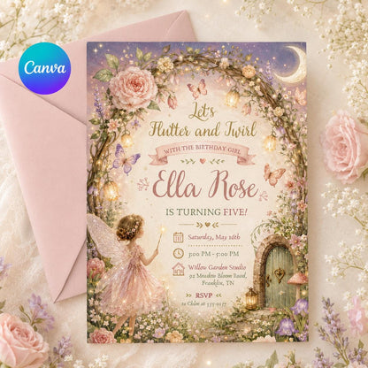 Enchanted Fairy Garden 5th Birthday Invitation with Floral Arch — editable Canva template