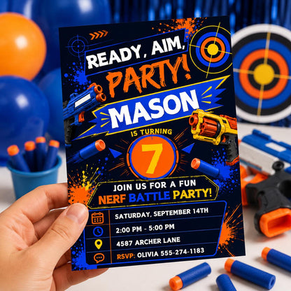 Ready Aim Party Foam Dart 7th Birthday Invitation — 7th birthday party stationery by VoltBy