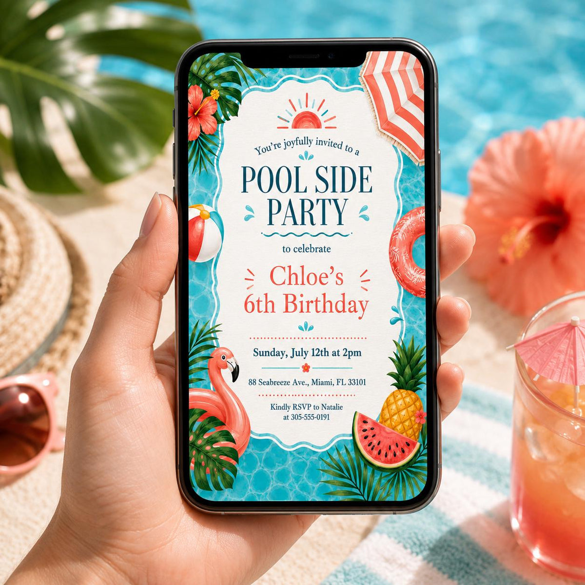 Poolside 6th Birthday Invitation with Flamingo and Watermelon — invitation you personalize in Canva