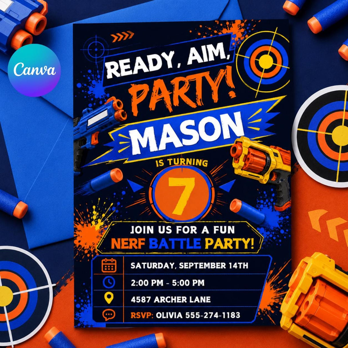 Ready Aim Party Foam Dart 7th Birthday Invitation — editable Canva template