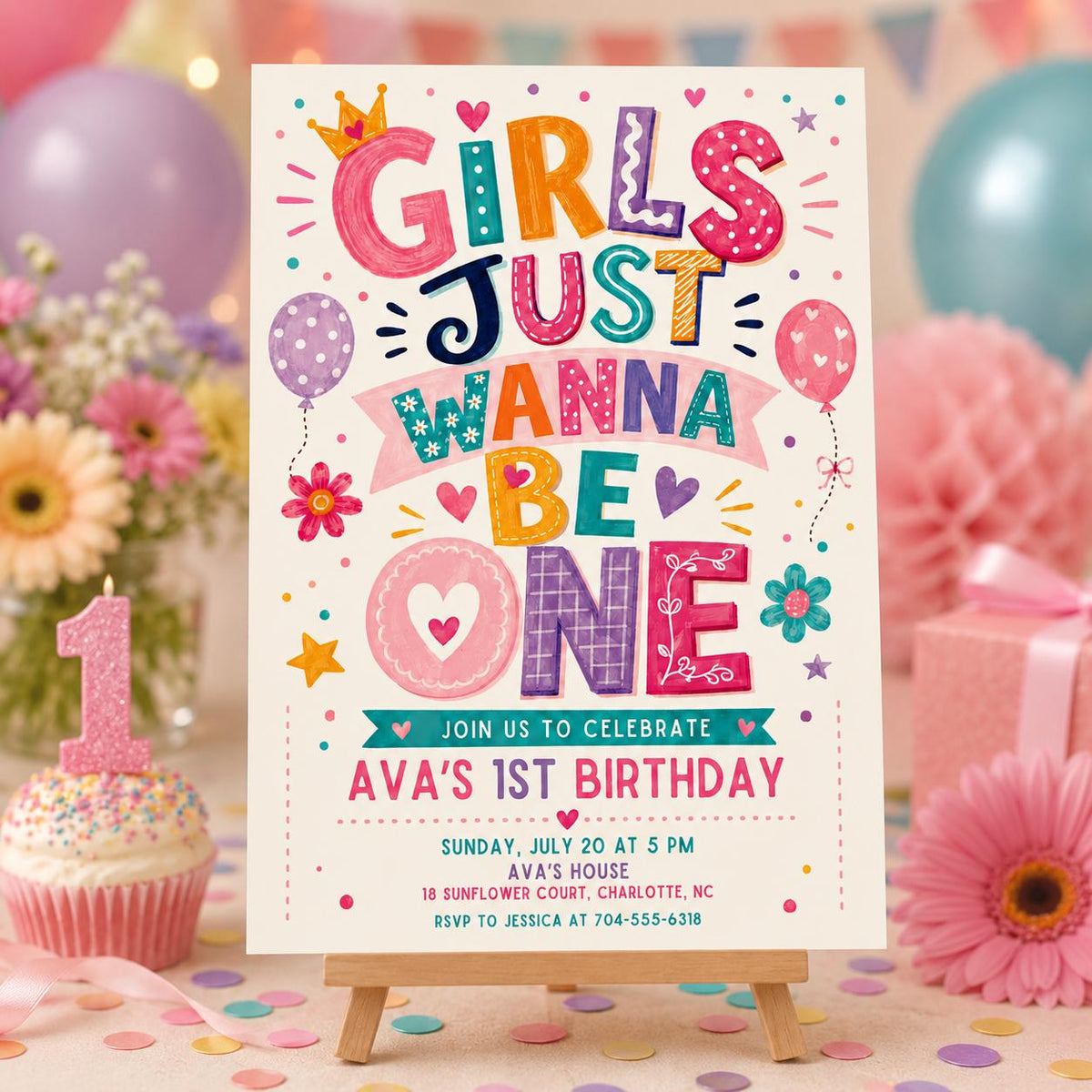 Colorful Retro Girls Just Wanna Be One 1st Birthday Invitation — print-ready first birthday design from VoltBy