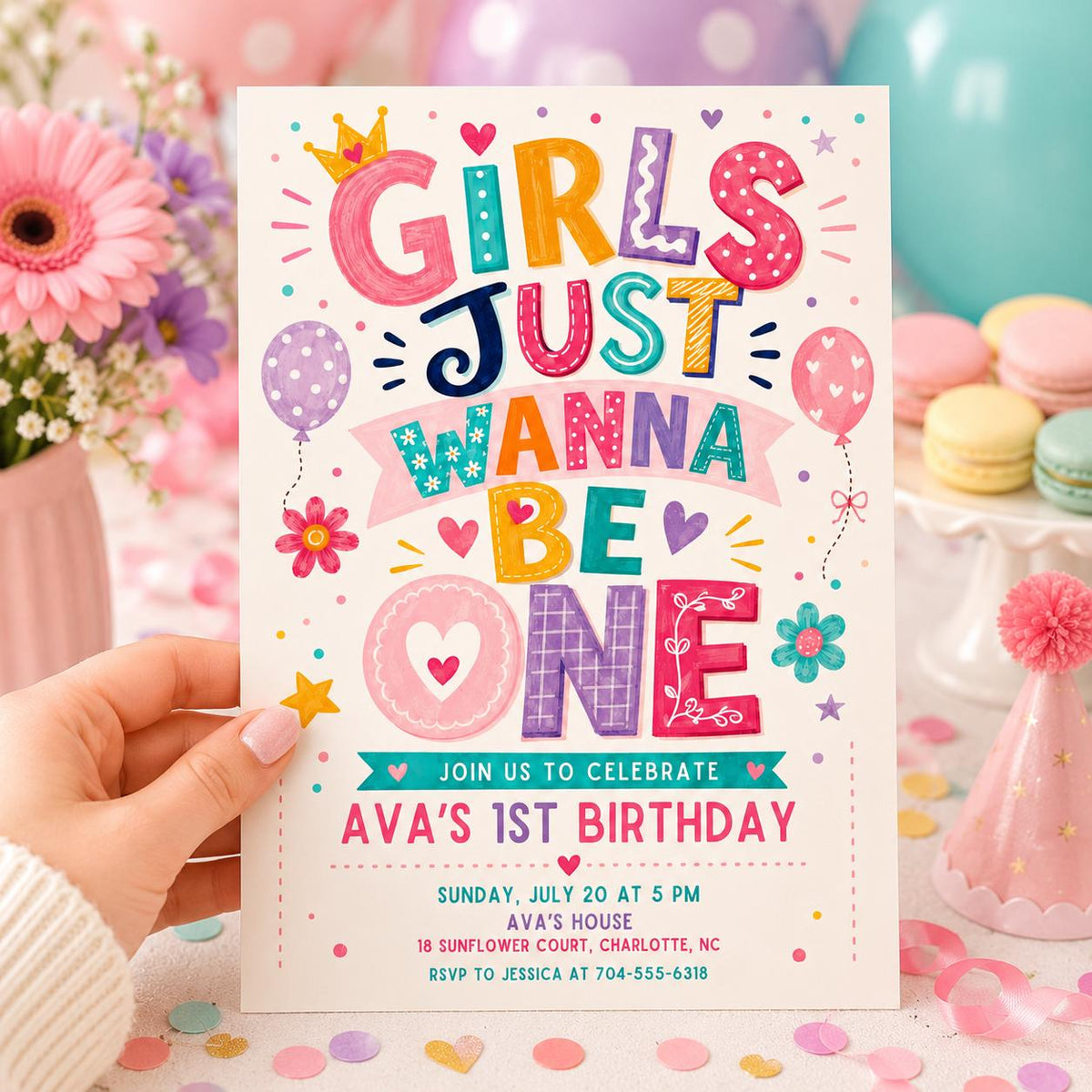 Colorful Retro Girls Just Wanna Be One 1st Birthday Invitation — first birthday stationery by VoltBy