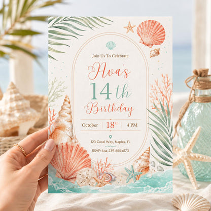 teen girl coastal birthday invitation, pastel teen girl invitation, beach theme editable invitation, tropical summer party invite, Canva __etsy:8081346281