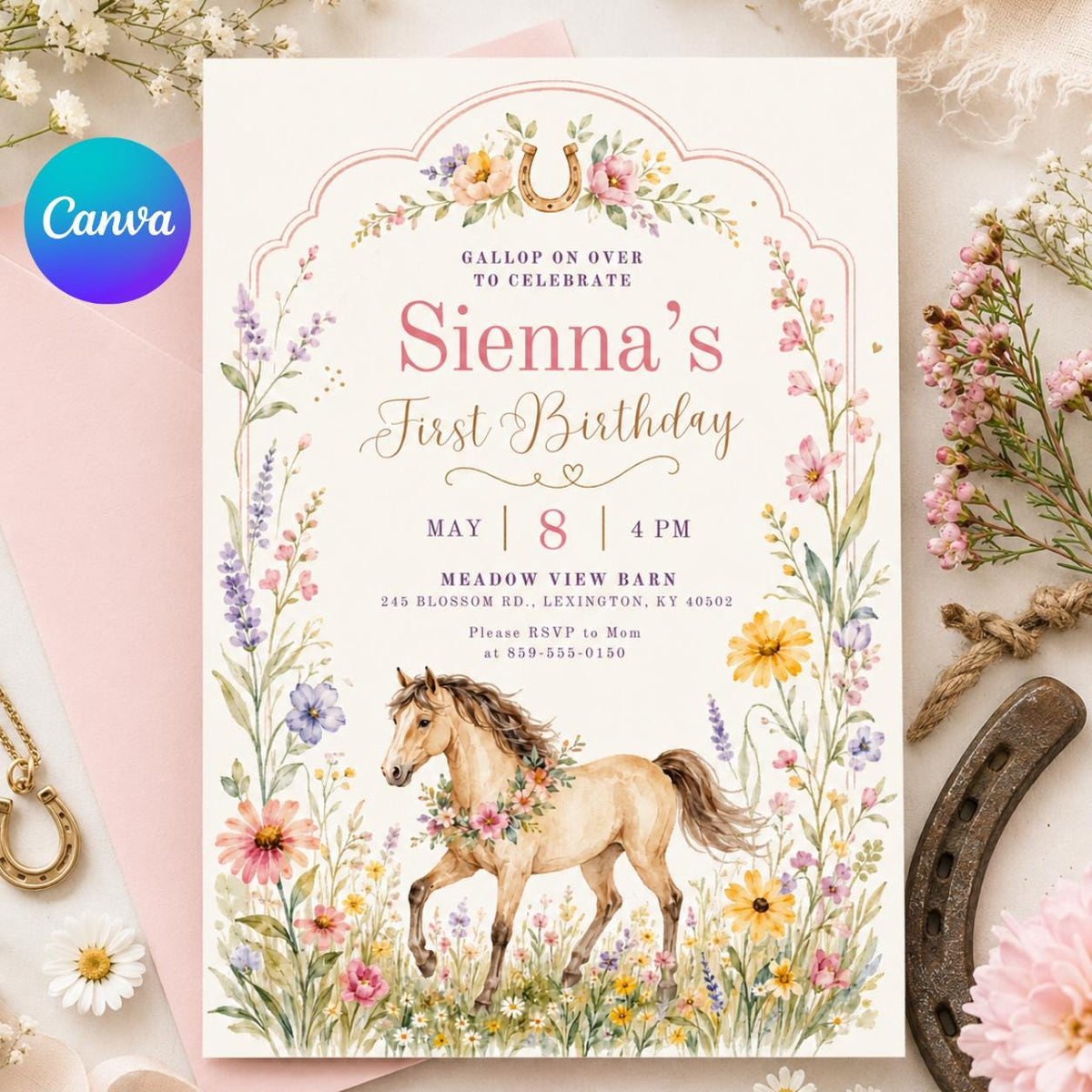 Wildflower Pony First Birthday Invitation — horse artwork in cream and green