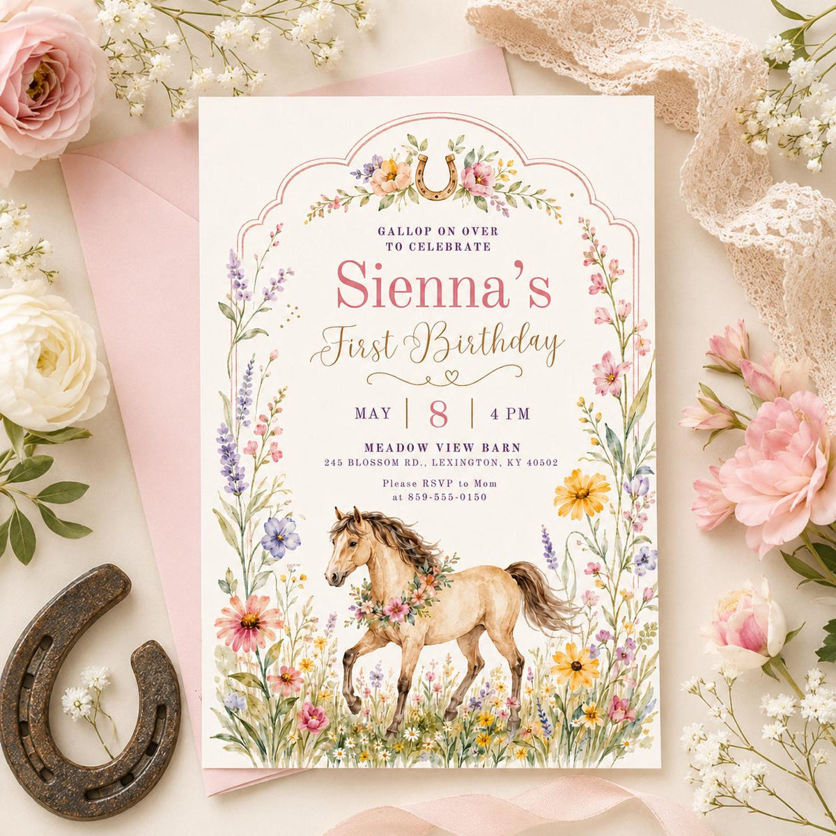 Wildflower Pony First Birthday Invitation — editable Canva template