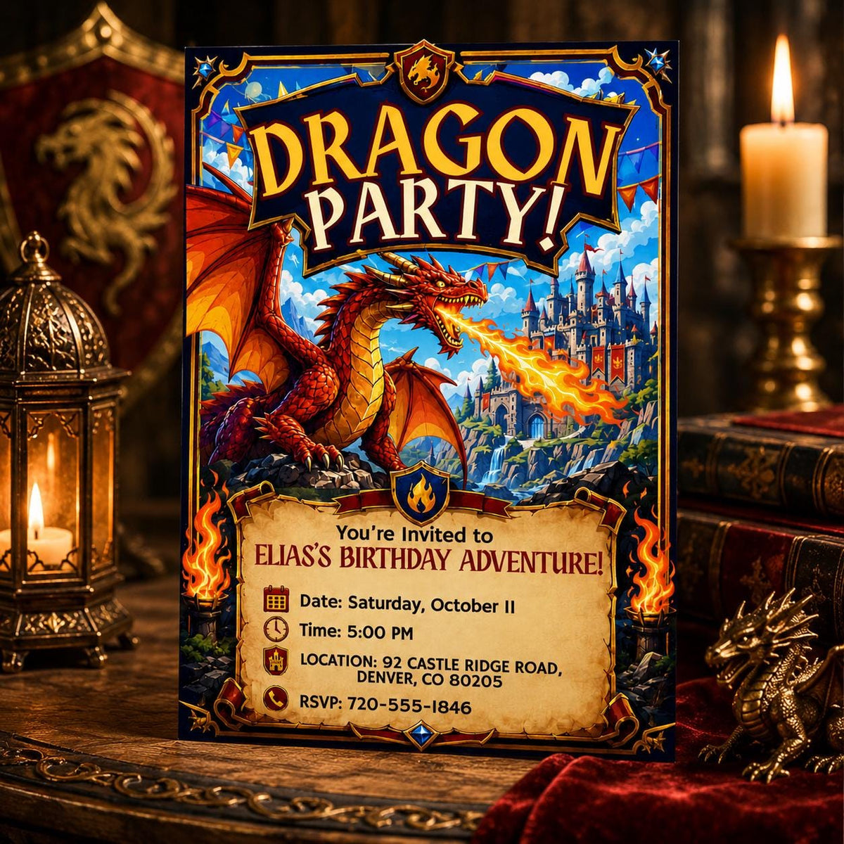 Fire-Breathing Dragon Birthday Invitation with Castle — invitation you personalize in Canva
