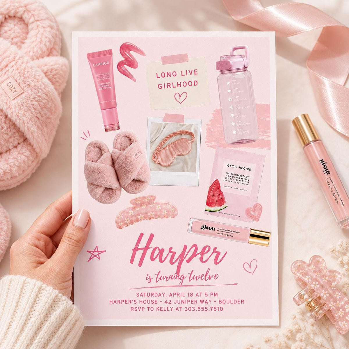 Long Live Girlhood 12th Birthday Spa Invitation — bow and skincare design