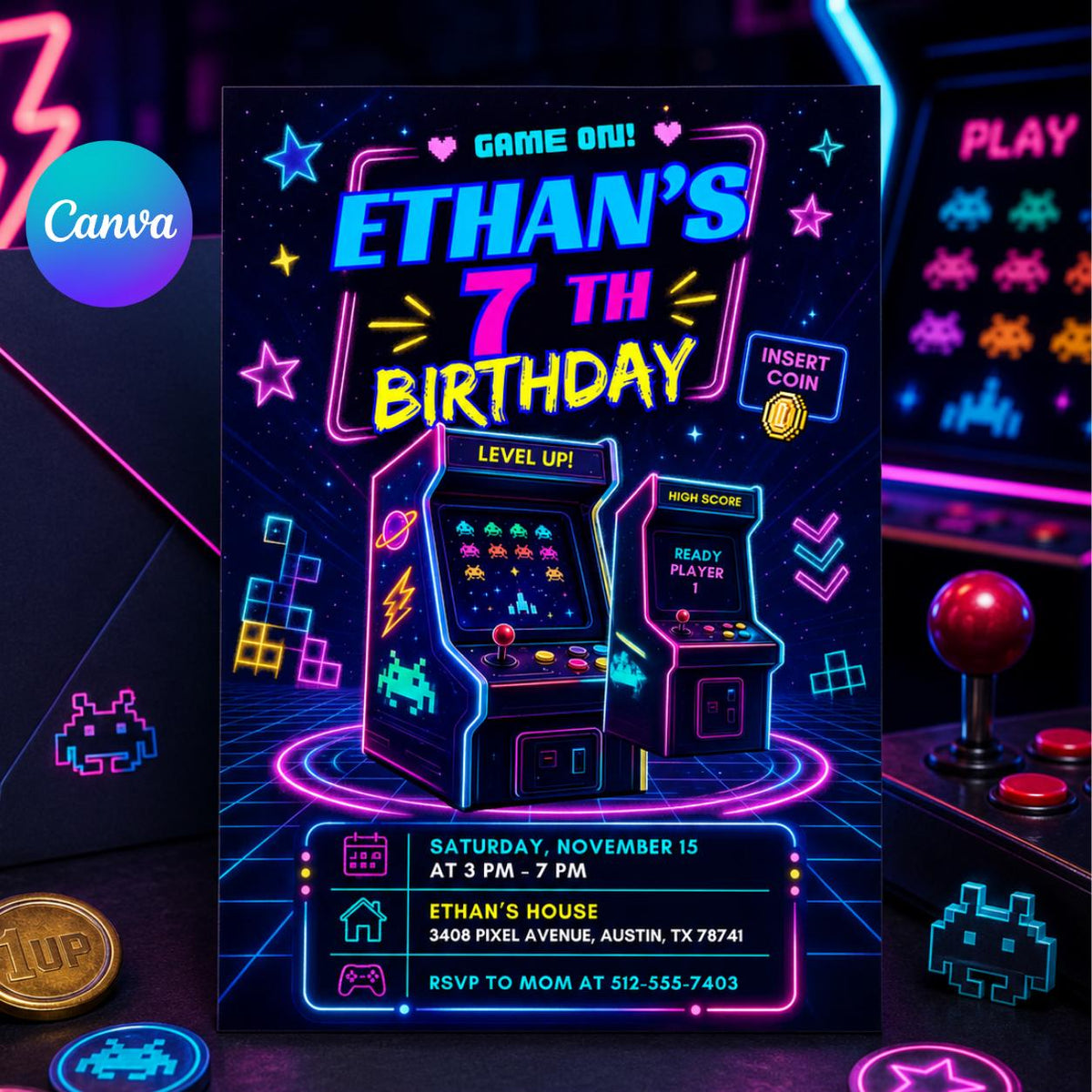 Purple Arcade Cabinet 7th Birthday Invitation — editable Canva template