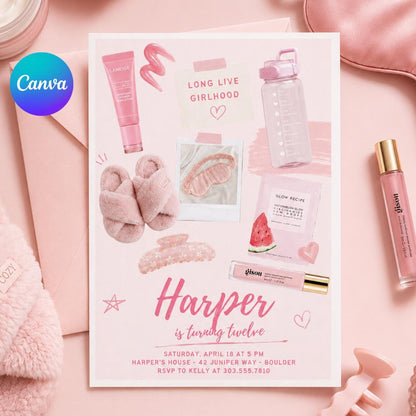 Long Live Girlhood 12th Birthday Spa Invitation — editable Canva template