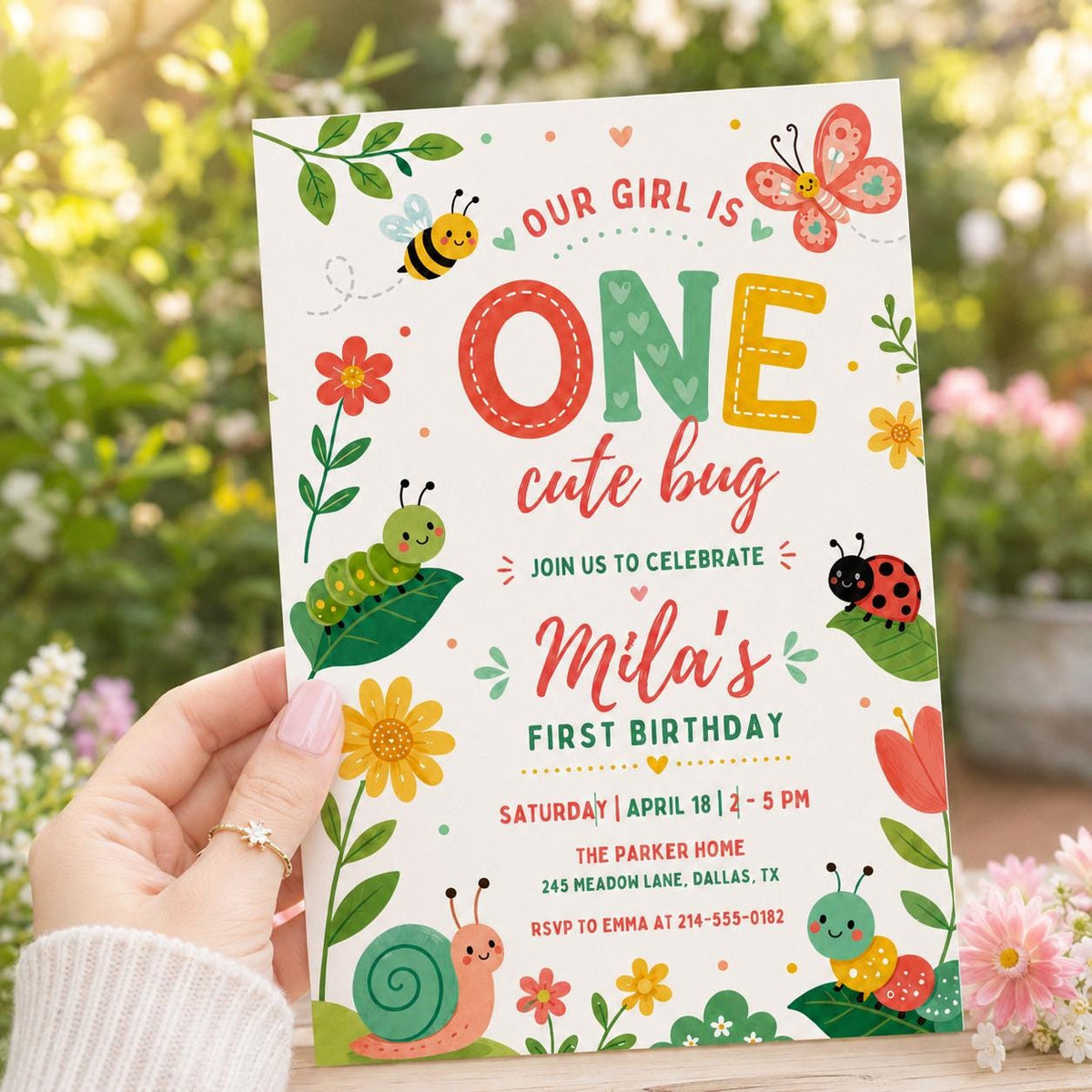 One Cute Bug First Birthday Invitation with Garden Critters — caterpillar artwork in green and red