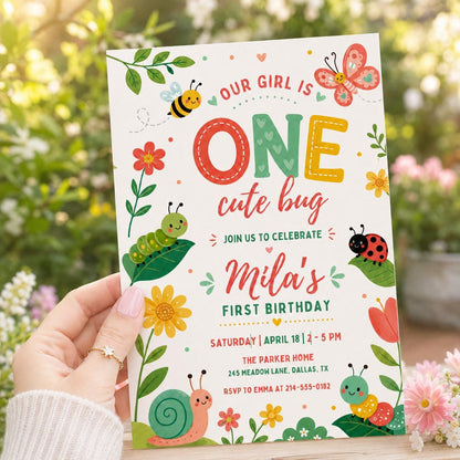 One Cute Bug First Birthday Invitation with Garden Critters — caterpillar artwork in green and red
