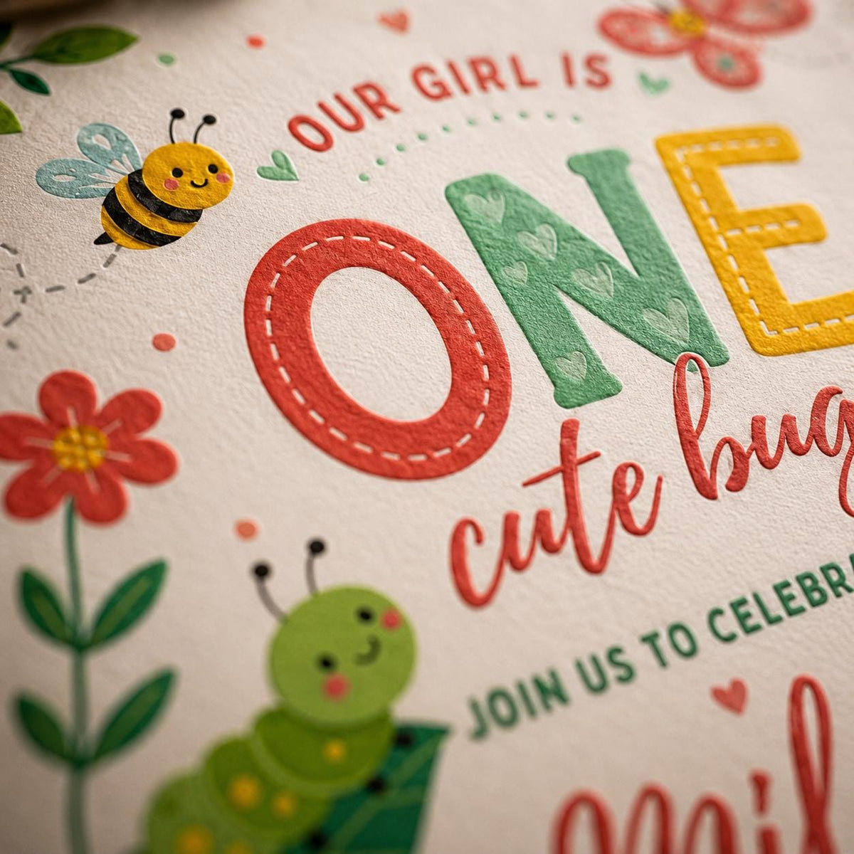 One Cute Bug First Birthday Invitation with Garden Critters — invitation you personalize in Canva