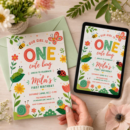 One Cute Bug First Birthday Invitation with Garden Critters — caterpillar design