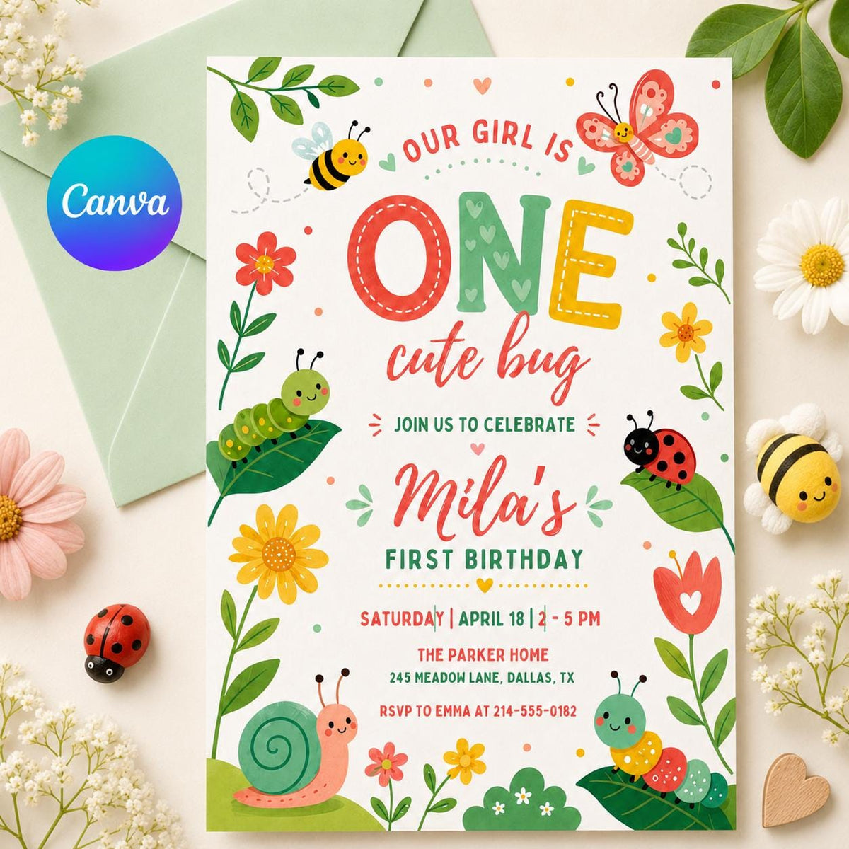 One Cute Bug First Birthday Invitation with Garden Critters — editable Canva template