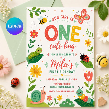 One Cute Bug First Birthday Invitation with Garden Critters — editable Canva template