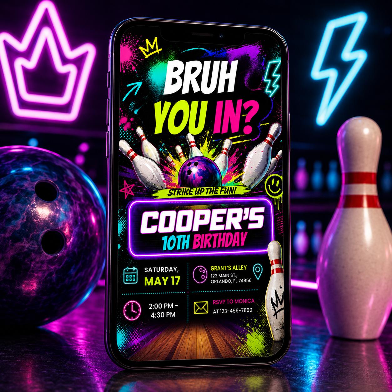 Bowling Birthday Invitation, Teen Boys Bowling Birthday Invitation, Bruh You In? Neon Party Editable Canva, Bruh You In Party Invite __etsy:8084622029