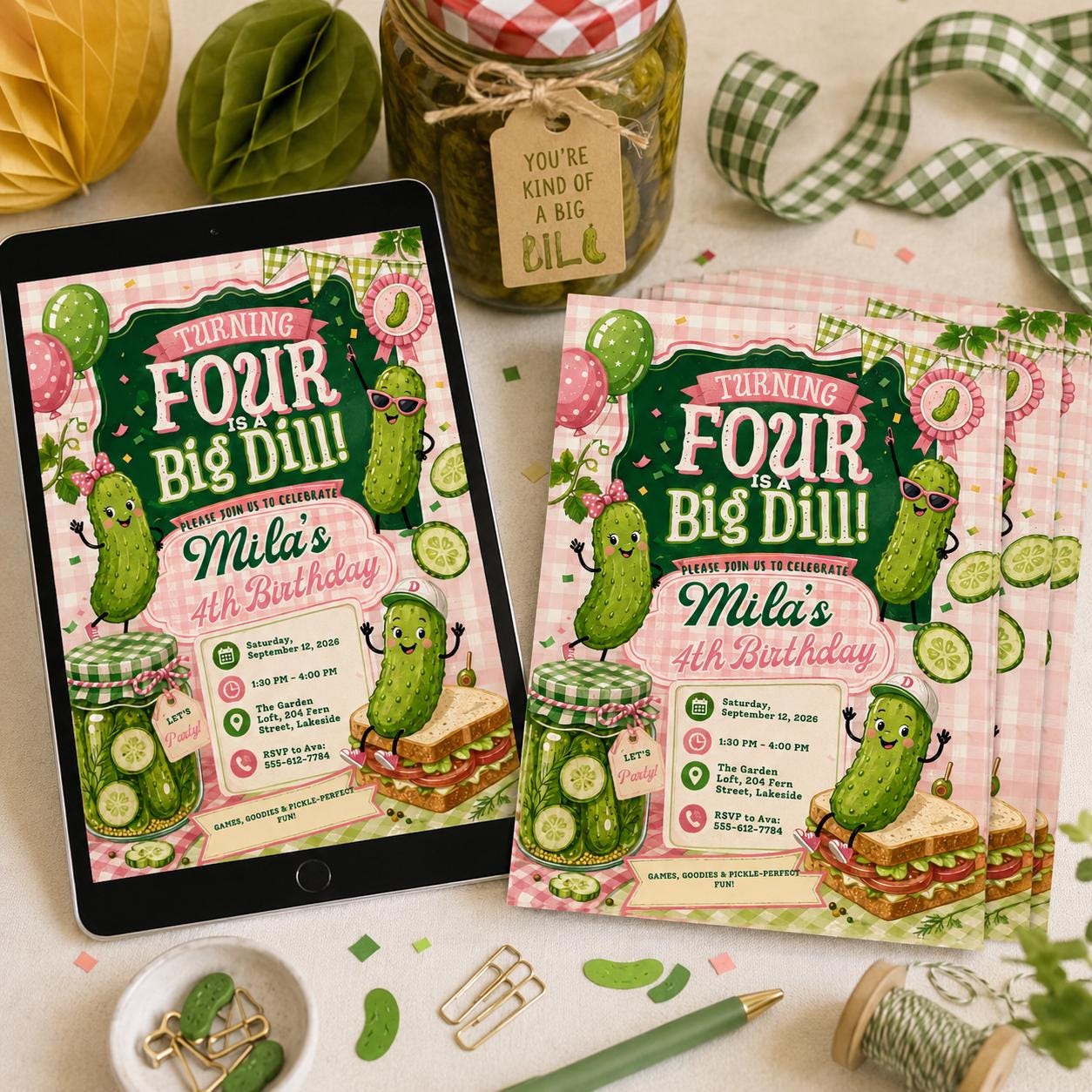 4th Birthday Invitation Girl, Turning Four Is a Big Dill Invite, Editable Canva Pickle Birthday Invitation, Funny Kids Birthday Invite __etsy:8084846598